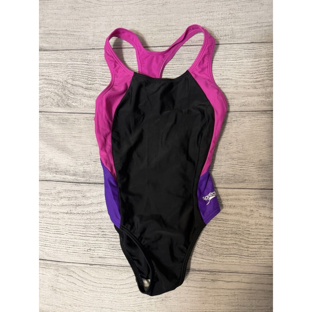 Speedo Girl's Swimsuit One Piece Mesh Splice Thick Strap black pin  Harmony Sz 8